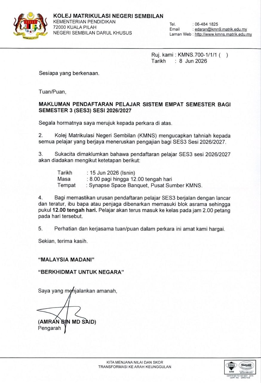 SURAT MAKLUMAN PENDAFTARAN PELAJAR SEM III